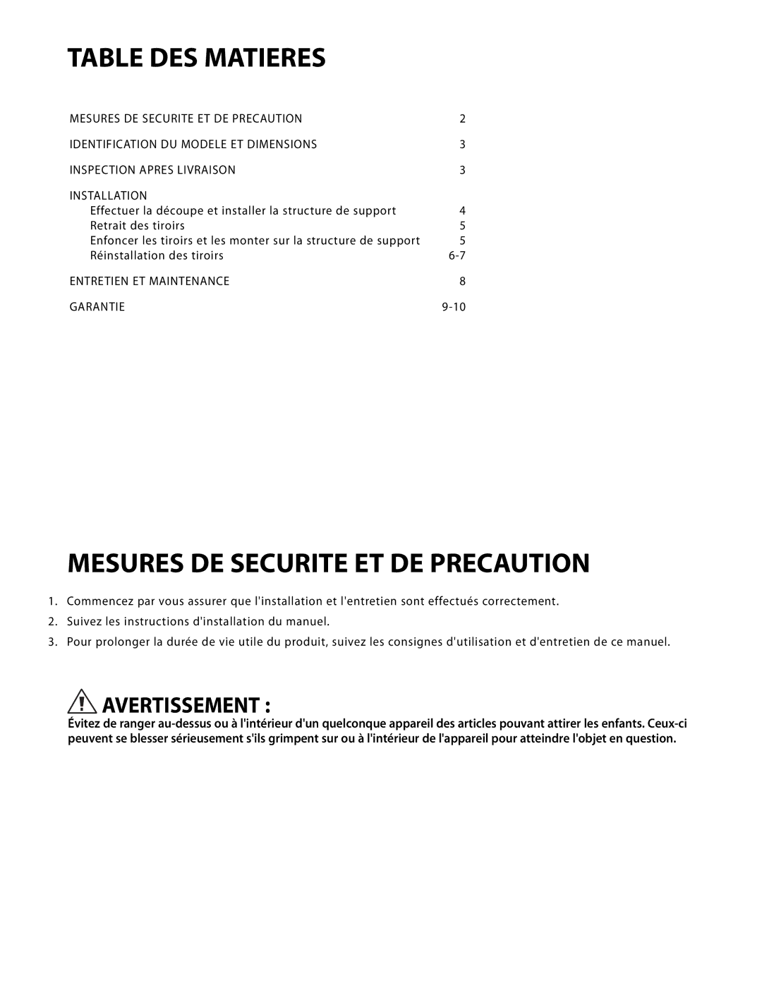 DCS ADR48, ADR30, ADR36, ADR24 manual Table DES Matieres, Mesures DE Securite ET DE Precaution 