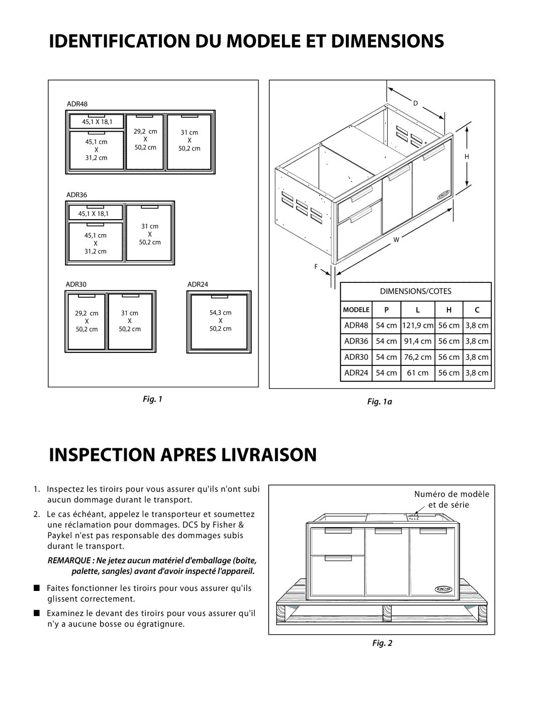 DCS ADR36, ADR30, ADR48, ADR24 manual Identification DU Modele ET Dimensions, Inspection Apres Livraison 