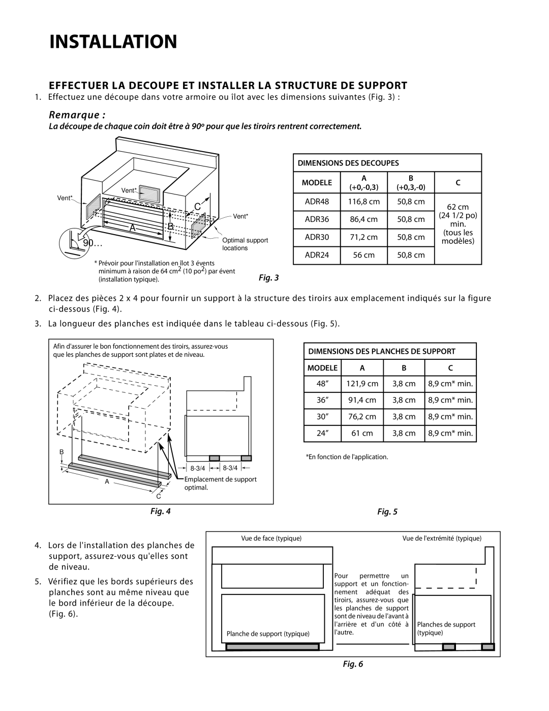 DCS ADR24, ADR30, ADR48, ADR36 manual Effectuer LA Decoupe ET Installer LA Structure DE Support, Remarque 