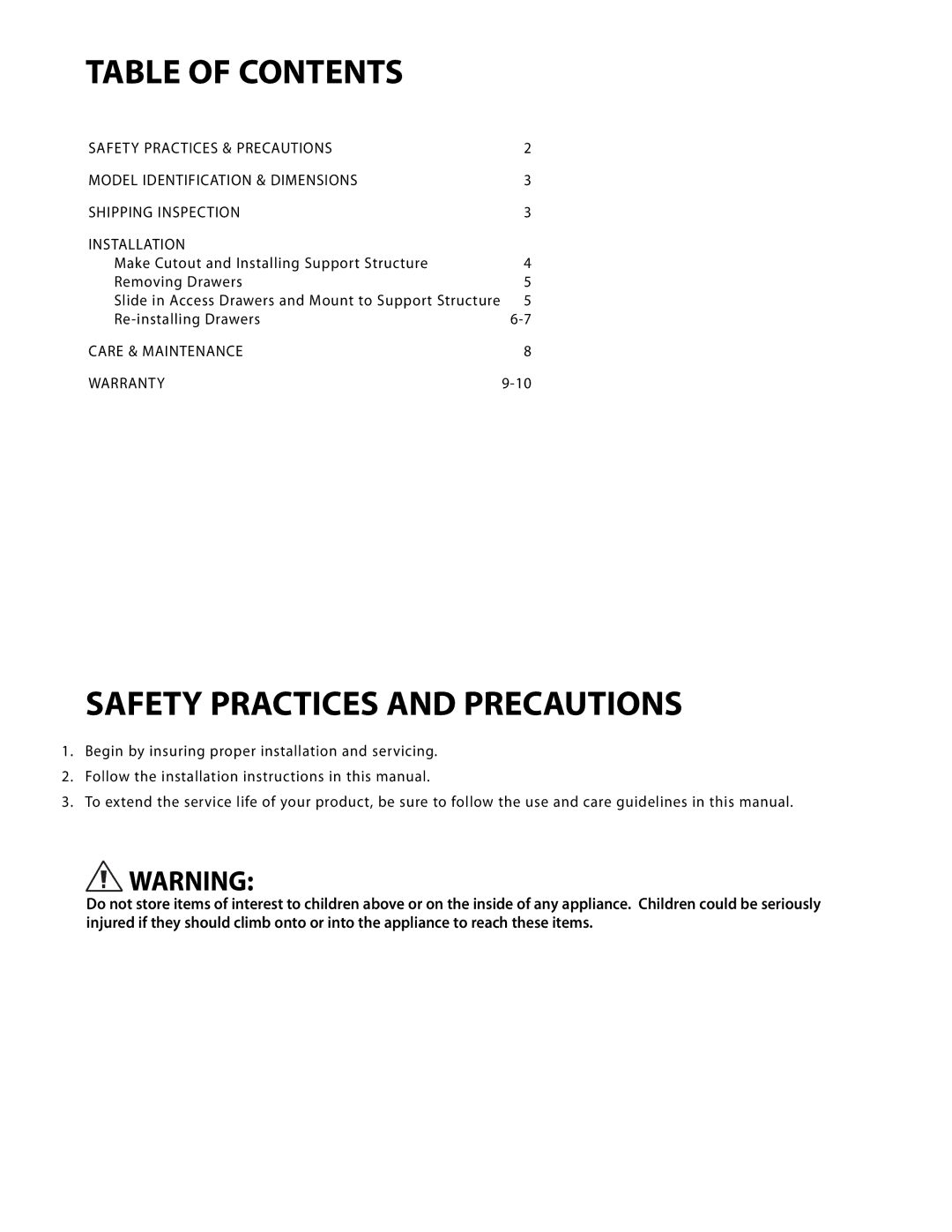 DCS ADR30, ADR48, ADR36, ADR24 manual Table of Contents, Safety Practices and Precautions 