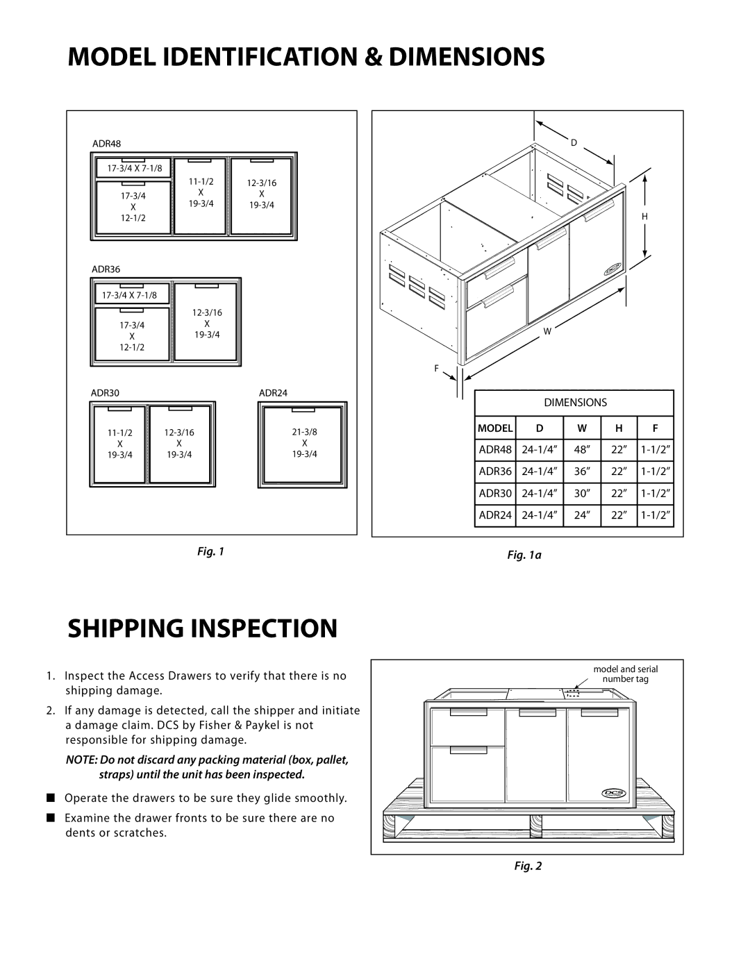 DCS ADR48, ADR30, ADR36, ADR24 manual Model Identification & Dimensions, Shipping Inspection 