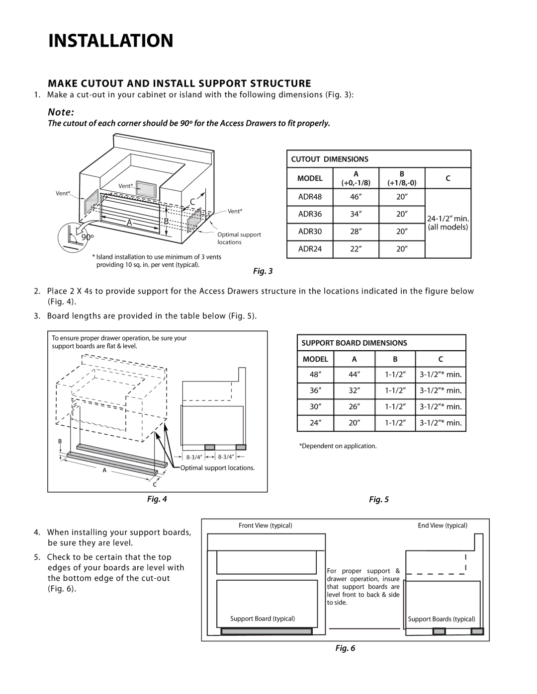 DCS ADR36, ADR30, ADR48, ADR24 manual Installation, Make Cutout and Install Support Structure 