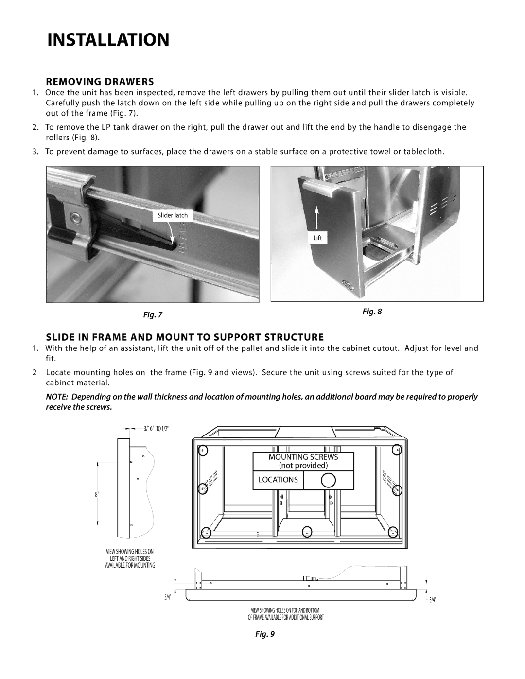 DCS ADR24, ADR30, ADR48, ADR36 manual Removing Drawers, Slide in Frame and Mount to Support Structure 