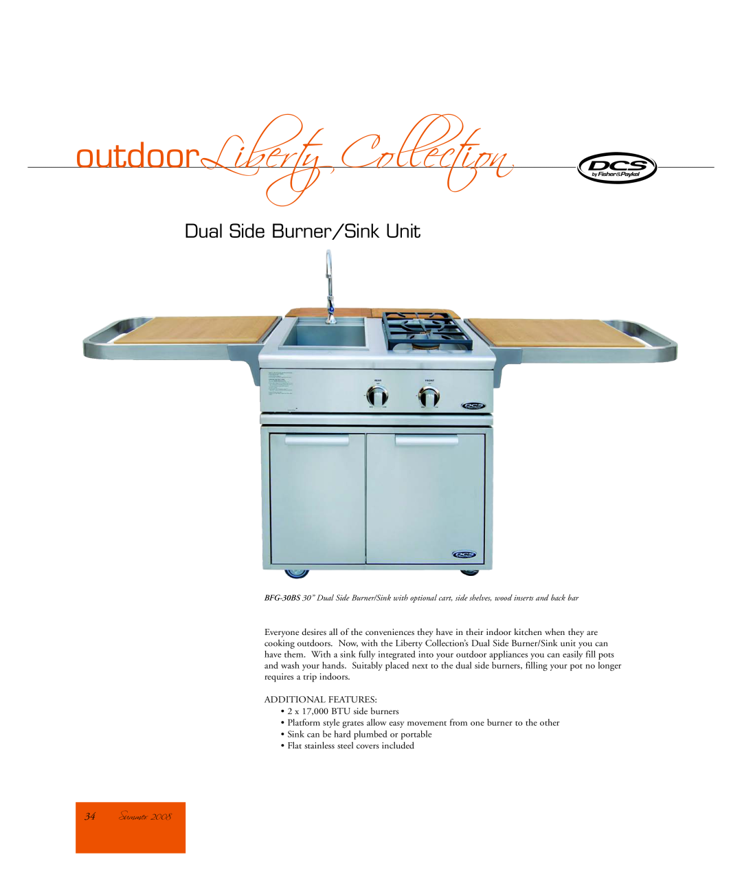 DCS BFG-30BS manual Summer, outdoorLiberty Collection, Dual Side Burner/Sink Unit 