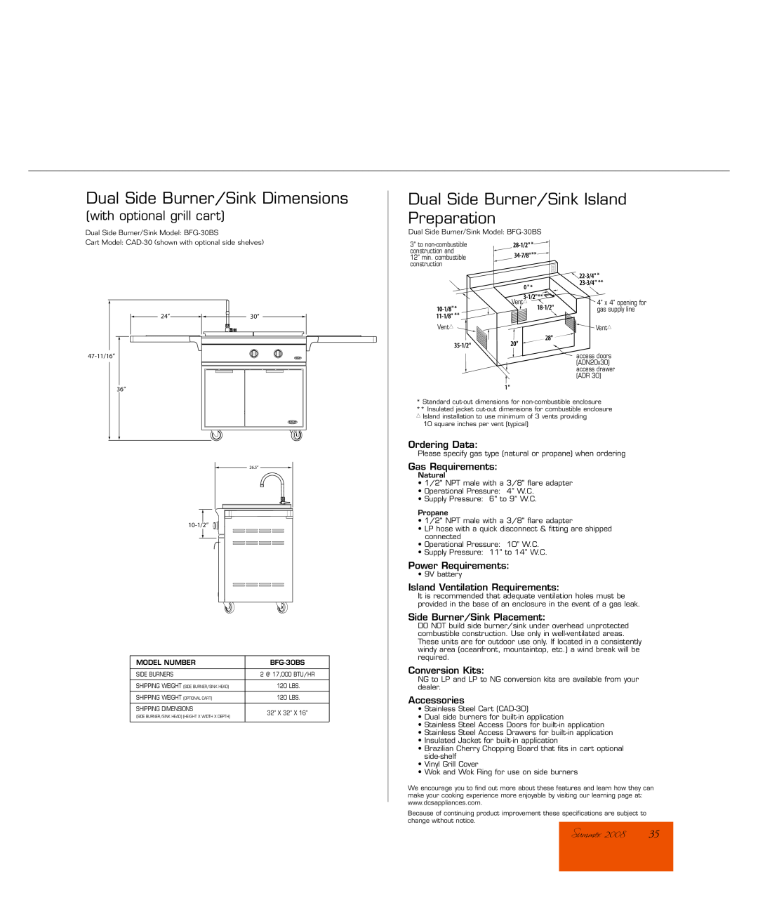DCS BFG-30BS Summer, Dual Side Burner/Sink Dimensions, Dual Side Burner/Sink Island Preparation, with optional grill cart 