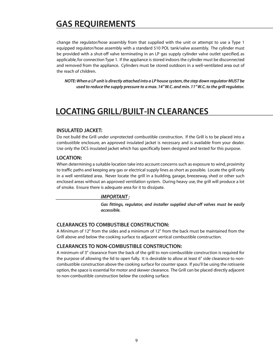 DCS BGA26-BQ manual Locating GRILL/BUILT-IN Clearances, Insulated Jacket, Location, Clearances to Combustible Construction 