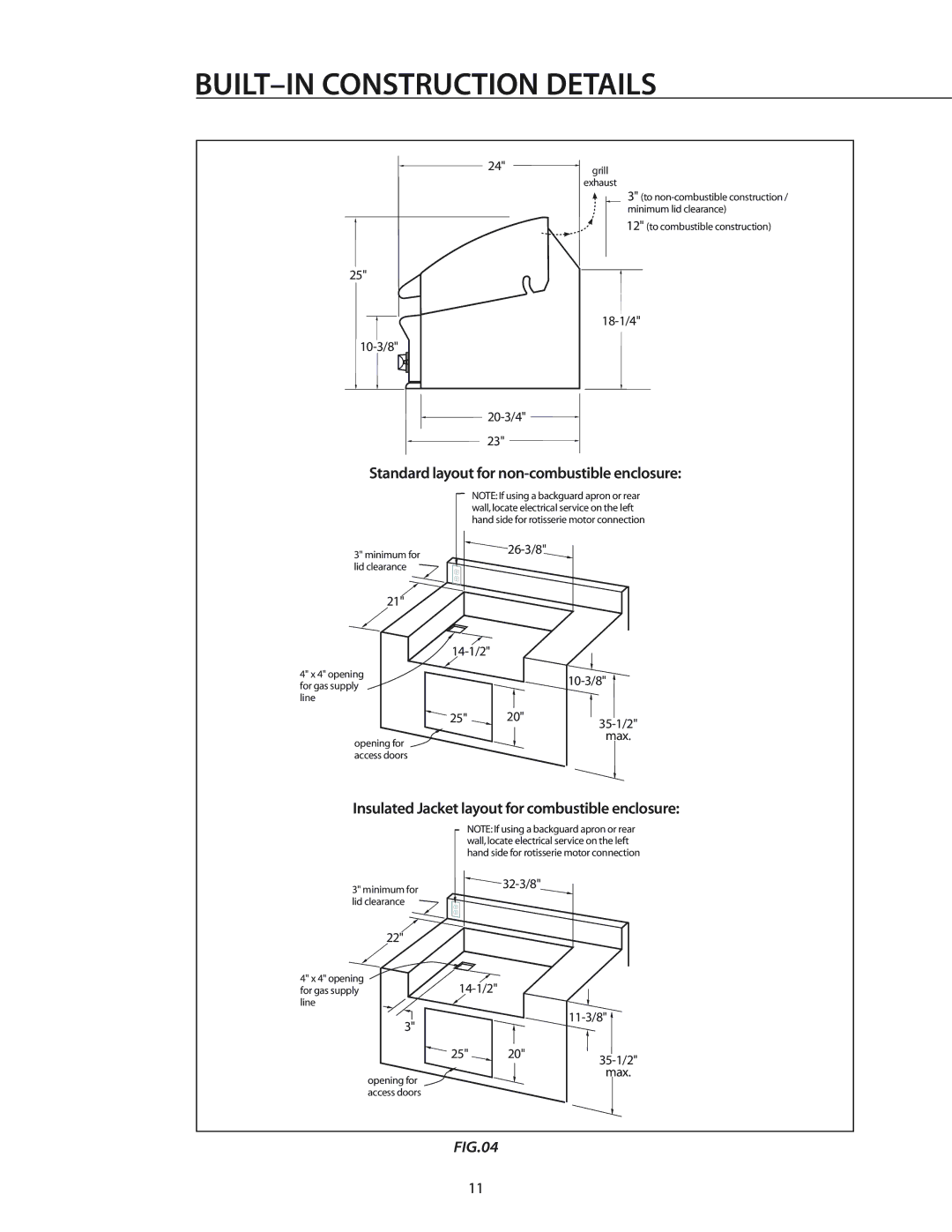 DCS BGA26-BQ manual BUILT-IN Construction Details, Standard layout for non-combustible enclosure 