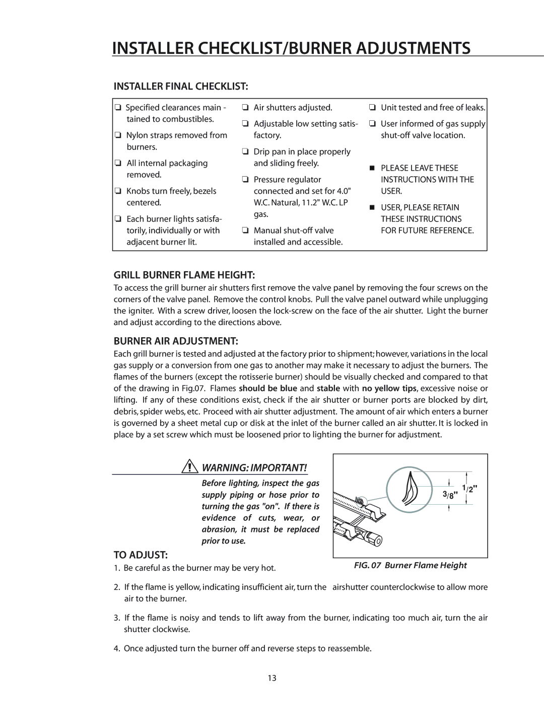 DCS BGA26-BQ manual Installer CHECKLIST/BURNER Adjustments, Installer Final Checklist, Grill Burner Flame Height, To Adjust 