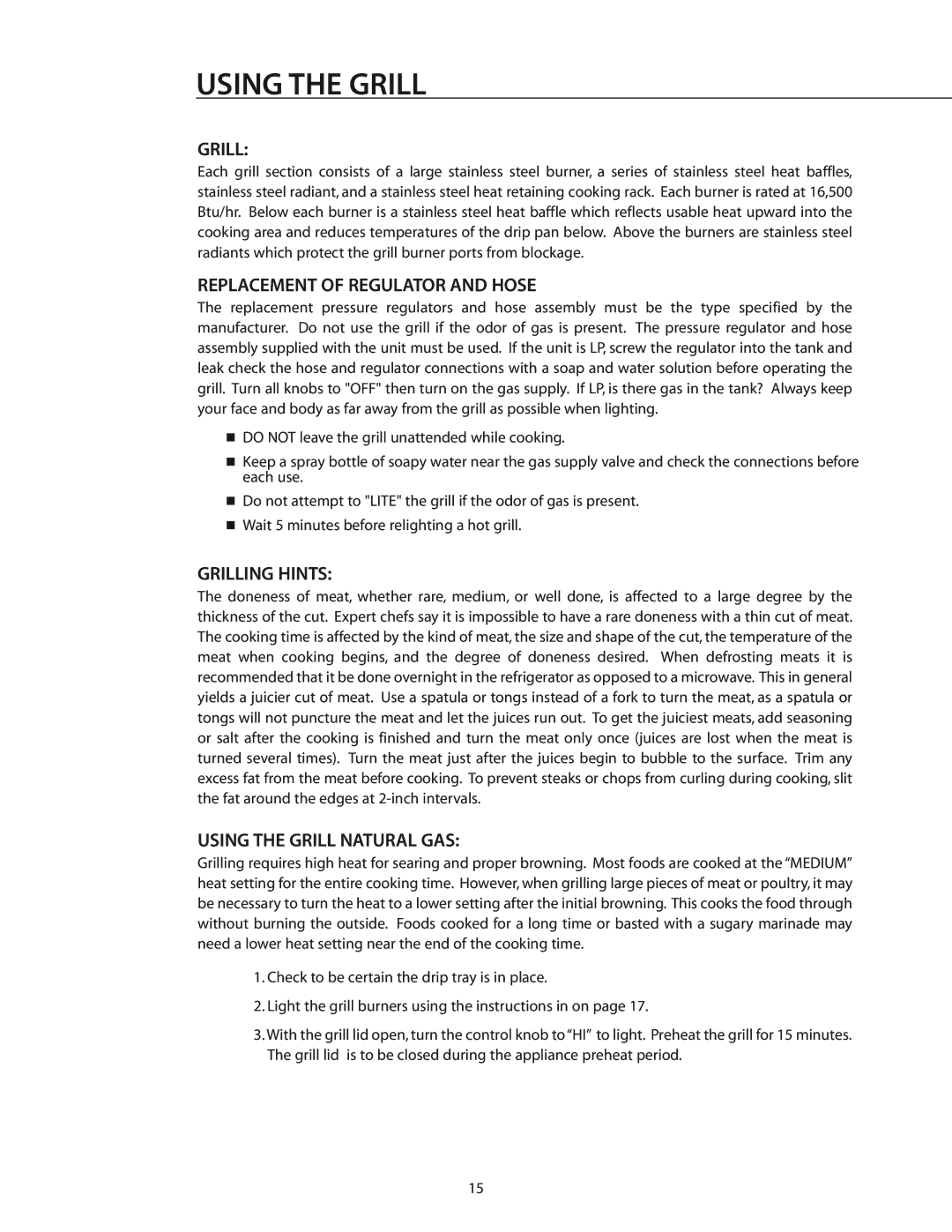 DCS BGA26-BQ manual Replacement of Regulator and Hose, Grilling Hints, Using the Grill Natural GAS 