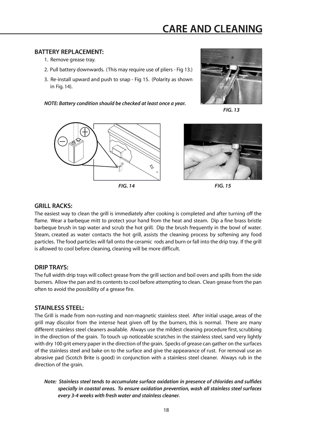 DCS BGA26-BQ manual Care and Cleaning, Battery Replacement, Grill Racks, Drip Trays, Stainless Steel 