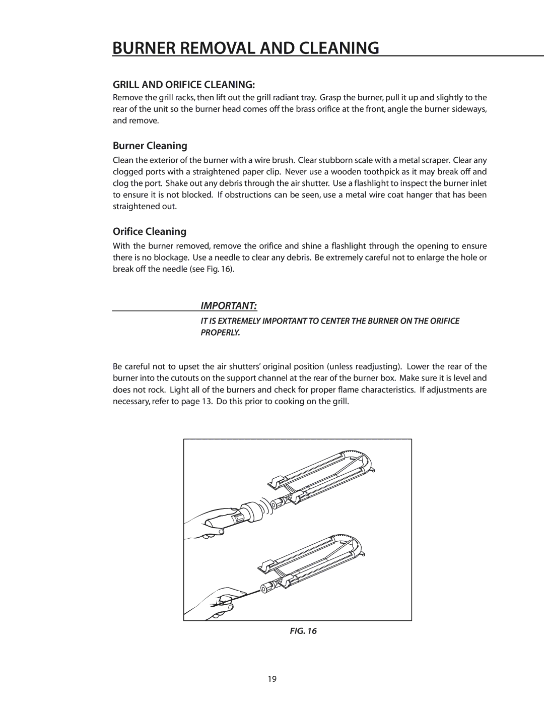 DCS BGA26-BQ manual Burner Removal and Cleaning, Grill and Orifice Cleaning 