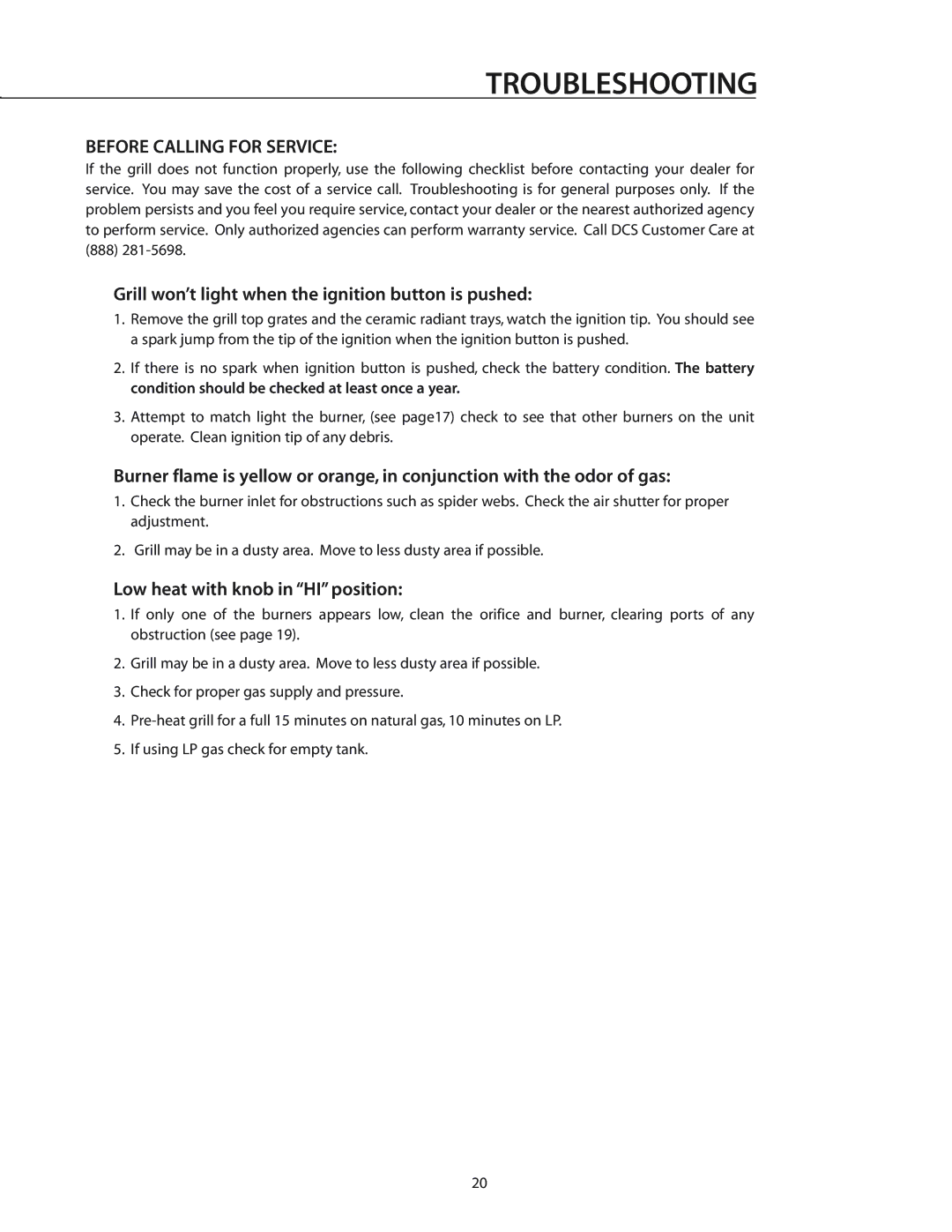 DCS BGA26-BQ manual Troubleshooting, Before Calling for Service 