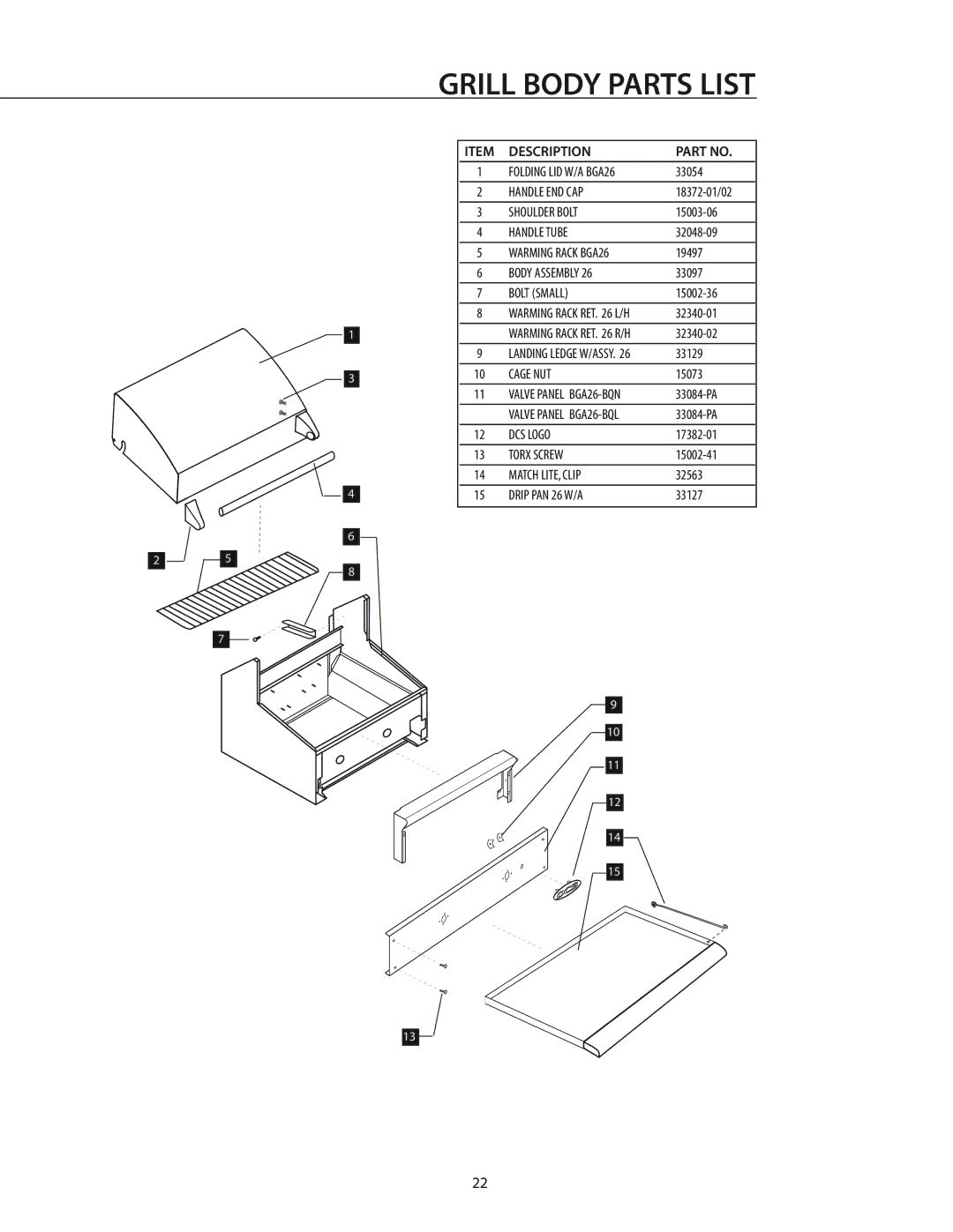 DCS BGA26-BQ manual Grill Body Parts List 