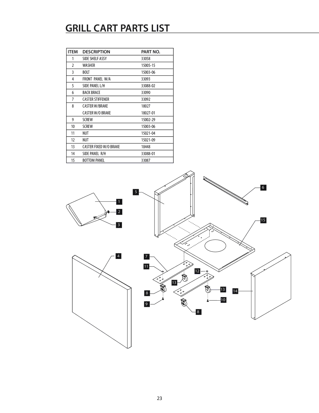 DCS BGA26-BQ manual Grill Cart Parts List 