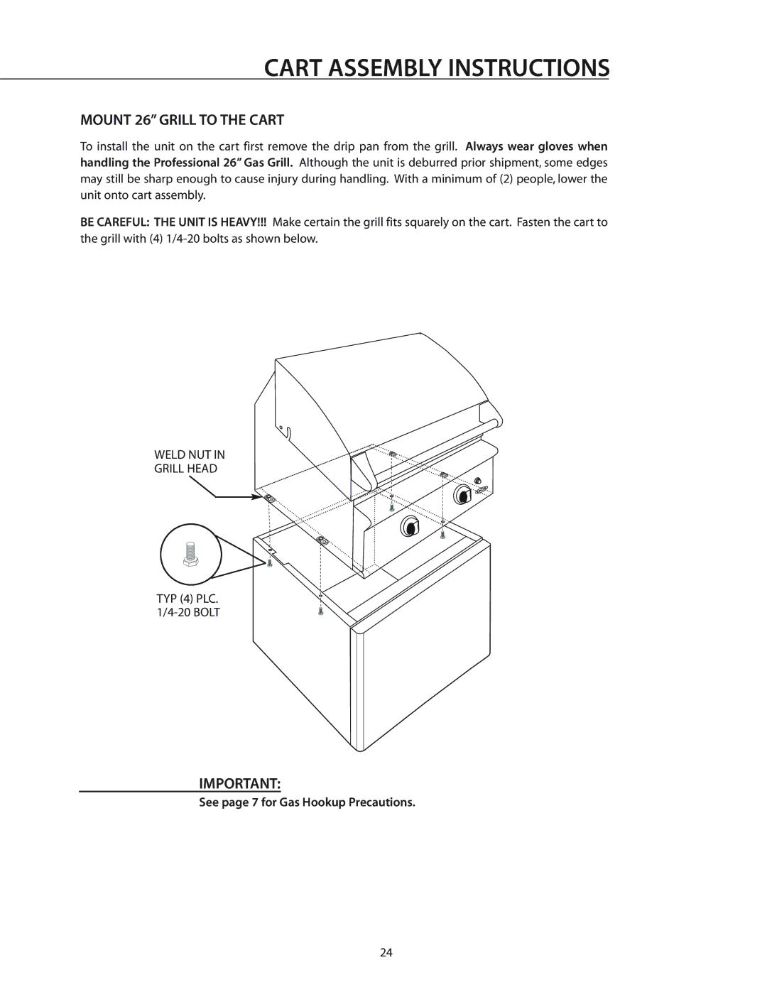 DCS BGA26-BQ manual Cart Assembly Instructions, Mount 26 Grill to the Cart 