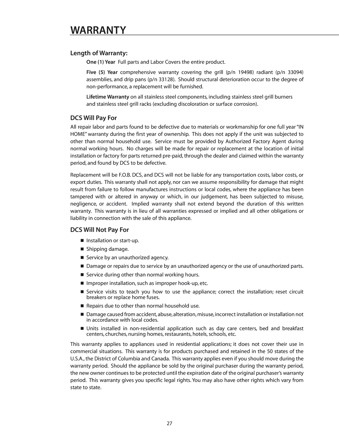 DCS BGA26-BQ manual Length of Warranty 