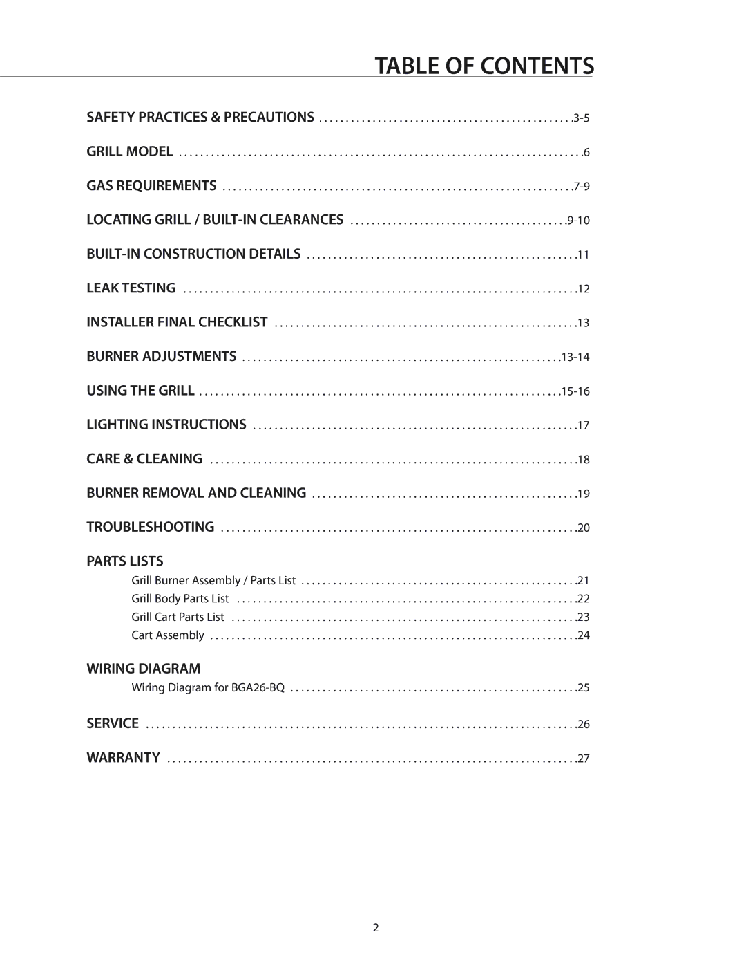 DCS BGA26-BQ manual Table of Contents 