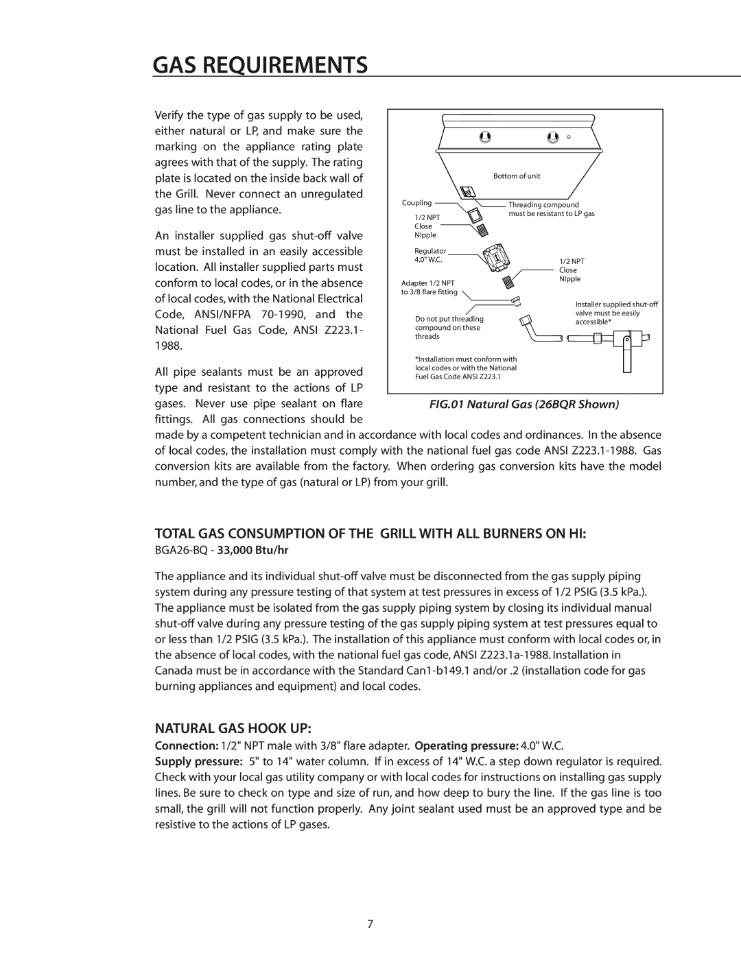 DCS BGA26-BQ manual GAS Requirements, Total GAS Consumption of the Grill with ALL Burners on HI, Natural GAS Hook UP 