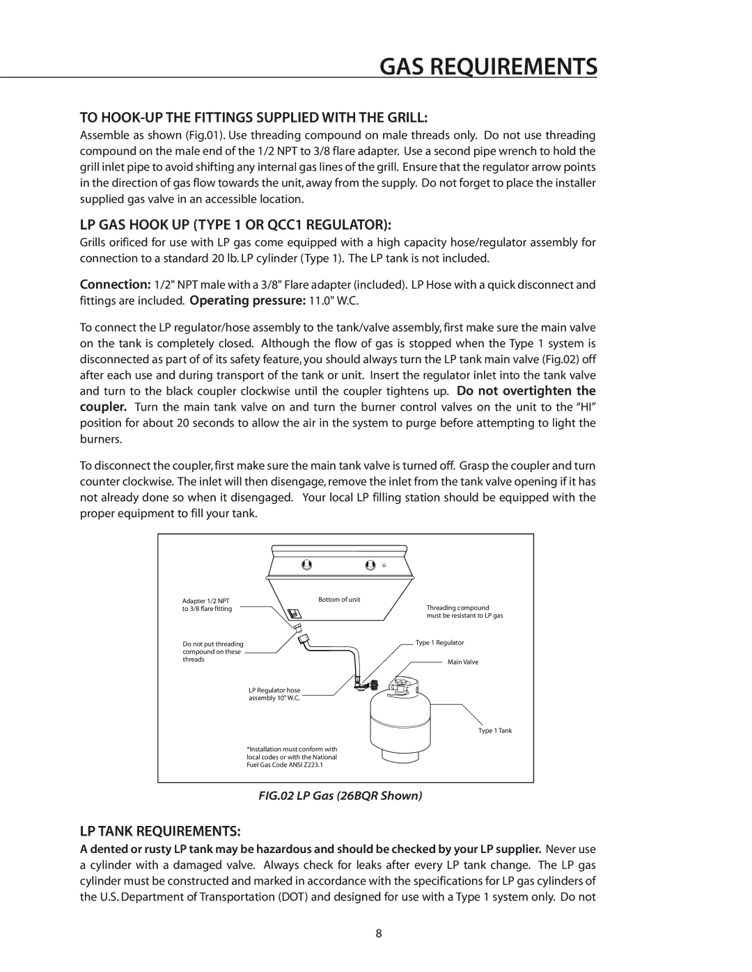 DCS BGA26-BQ manual To HOOK-UP the Fittings Supplied with the Grill, LP GAS Hook UP Type 1 or QCC1 Regulator 