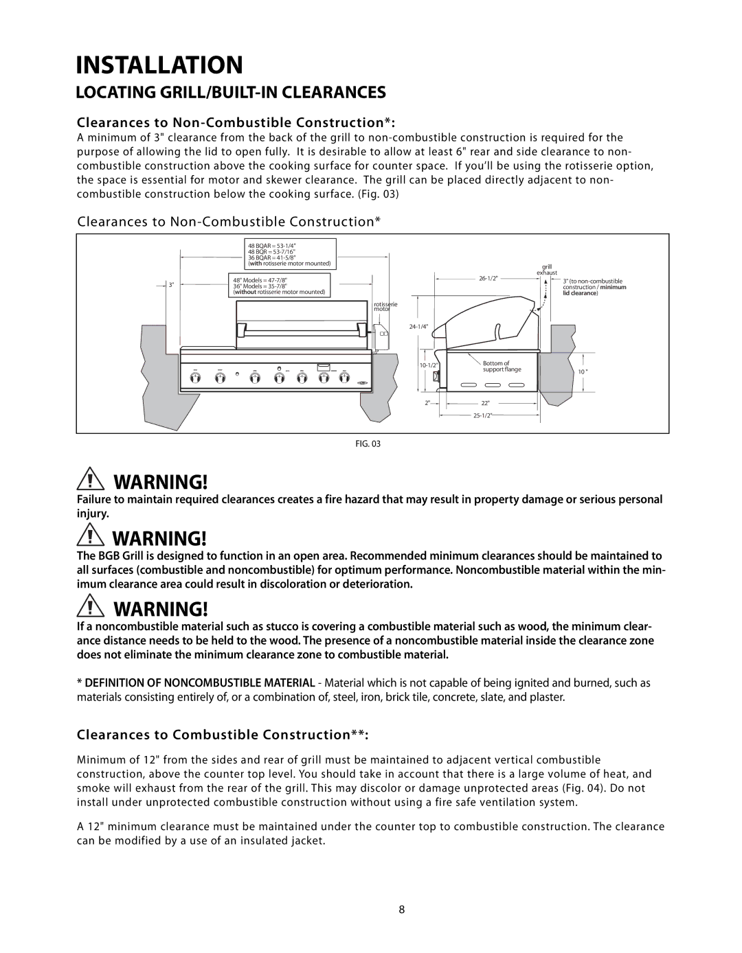 DCS BGB Series manual Clearances to Non-Combustible Construction 