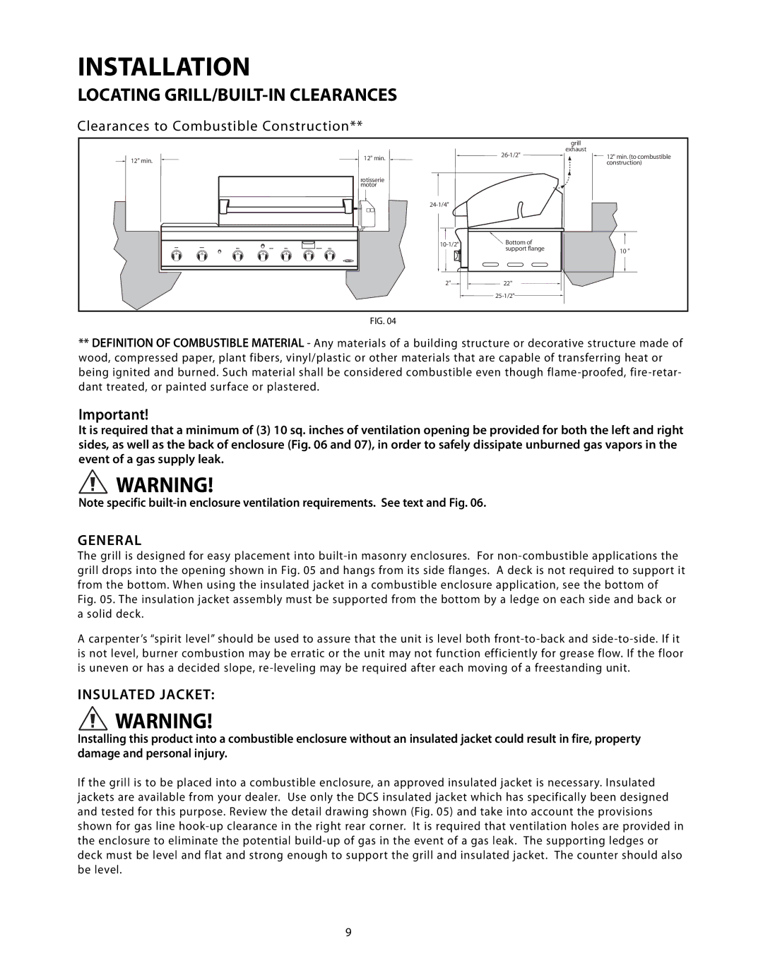 DCS BGB Series manual Clearances to Combustible Construction, General, Insulated Jacket 