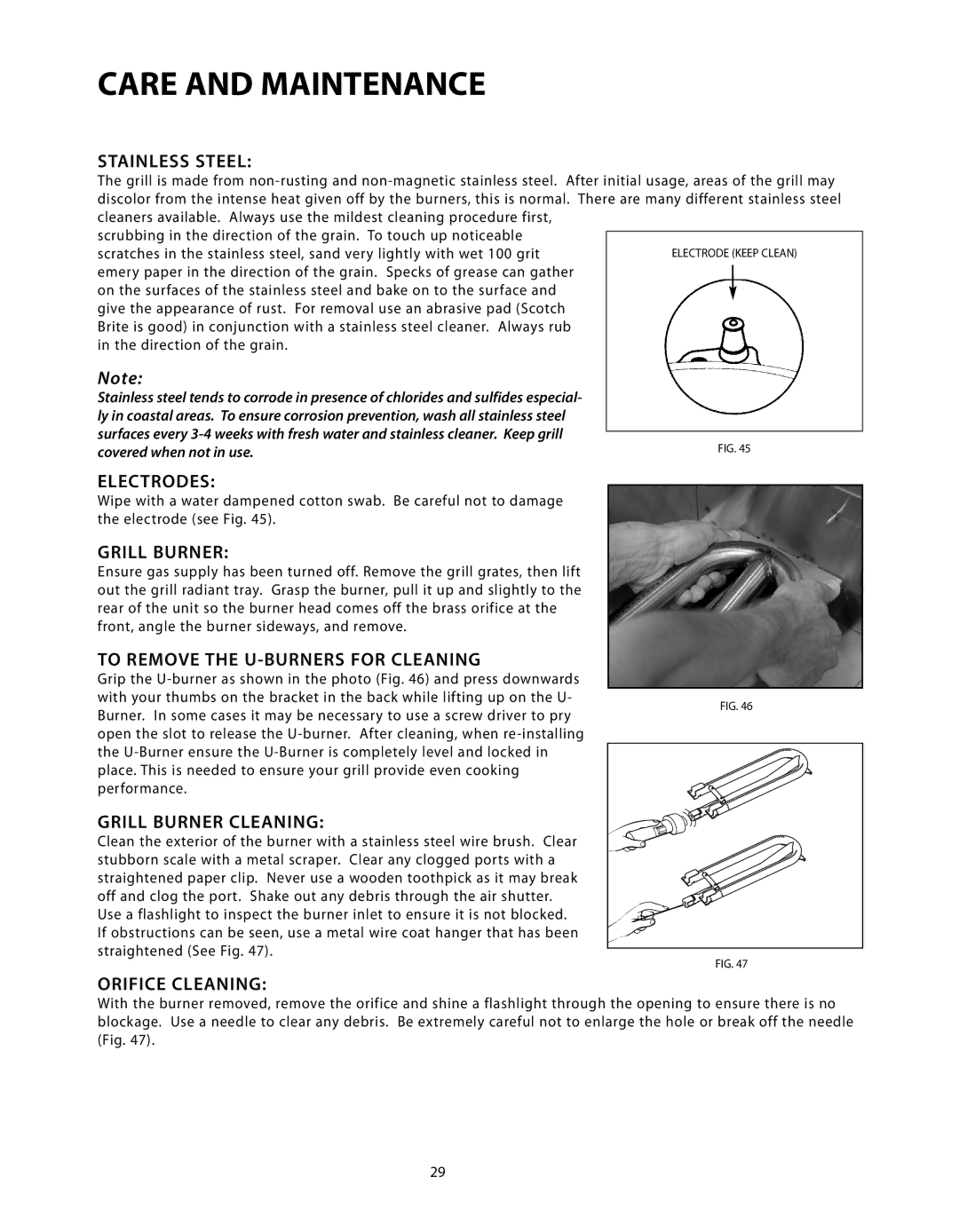 DCS BGB Series manual Stainless Steel, Electrodes, To Remove the U-BURNERS for Cleaning, Grill Burner Cleaning 