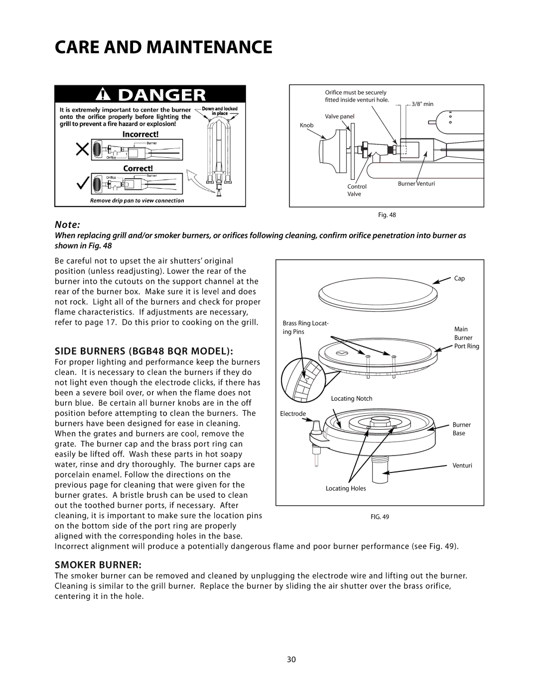 DCS BGB Series manual Side Burners BGB48 BQR Model, Smoker Burner 