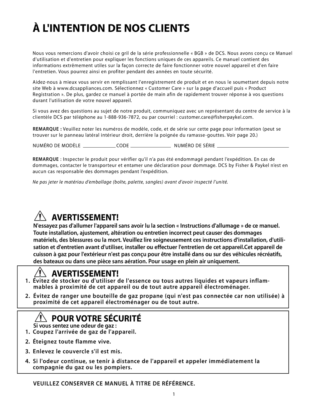 DCS BGB Series manual Lintention DE NOS Clients, Veuillez Conserver CE Manuel À Titre DE Référence 