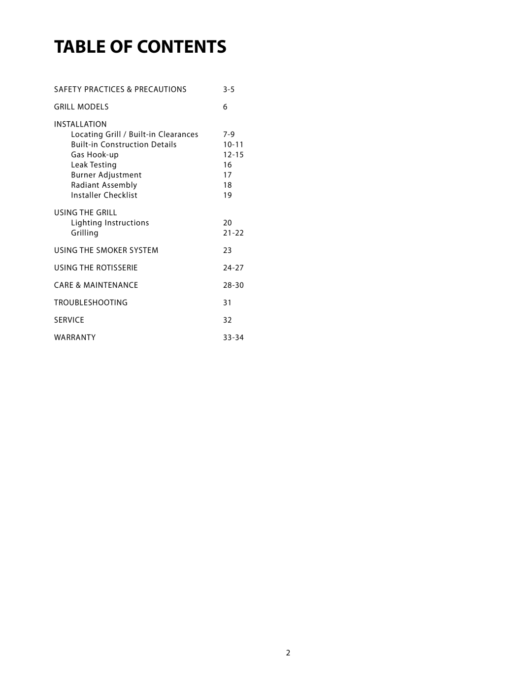 DCS BGB Series manual Table of Contents 