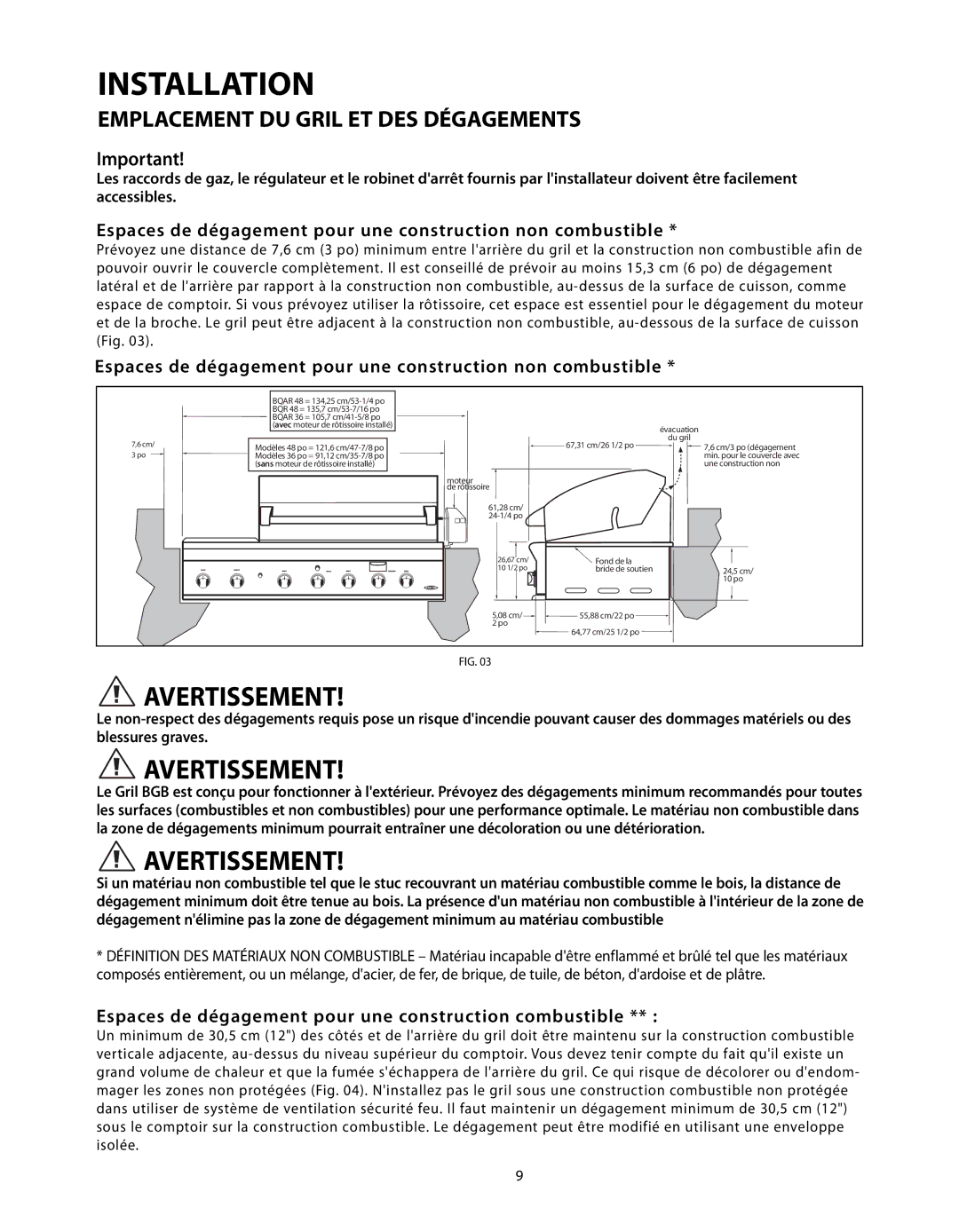 DCS BGB Series manual Espaces de dégagement pour une construction non combustible 