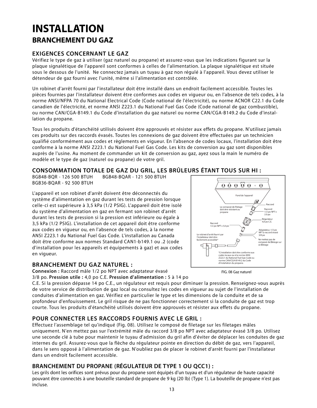 DCS BGB Series manual Exigences Concernant LE GAZ, Branchement DU GAZ Naturel 