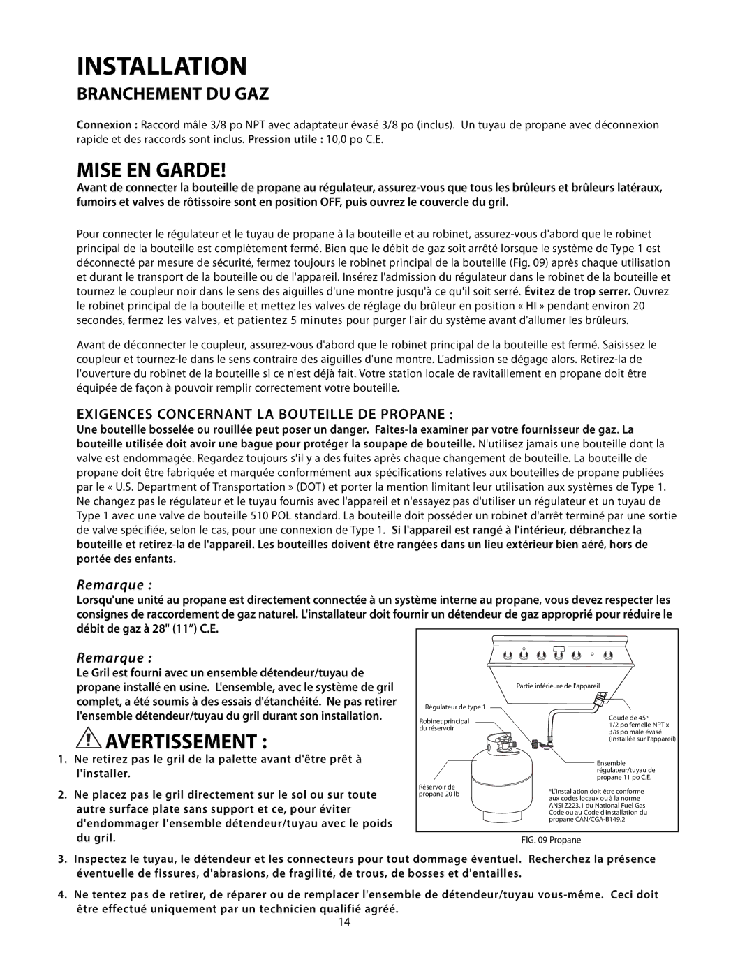 DCS BGB Series manual Mise EN Garde, Exigences Concernant LA Bouteille DE Propane 