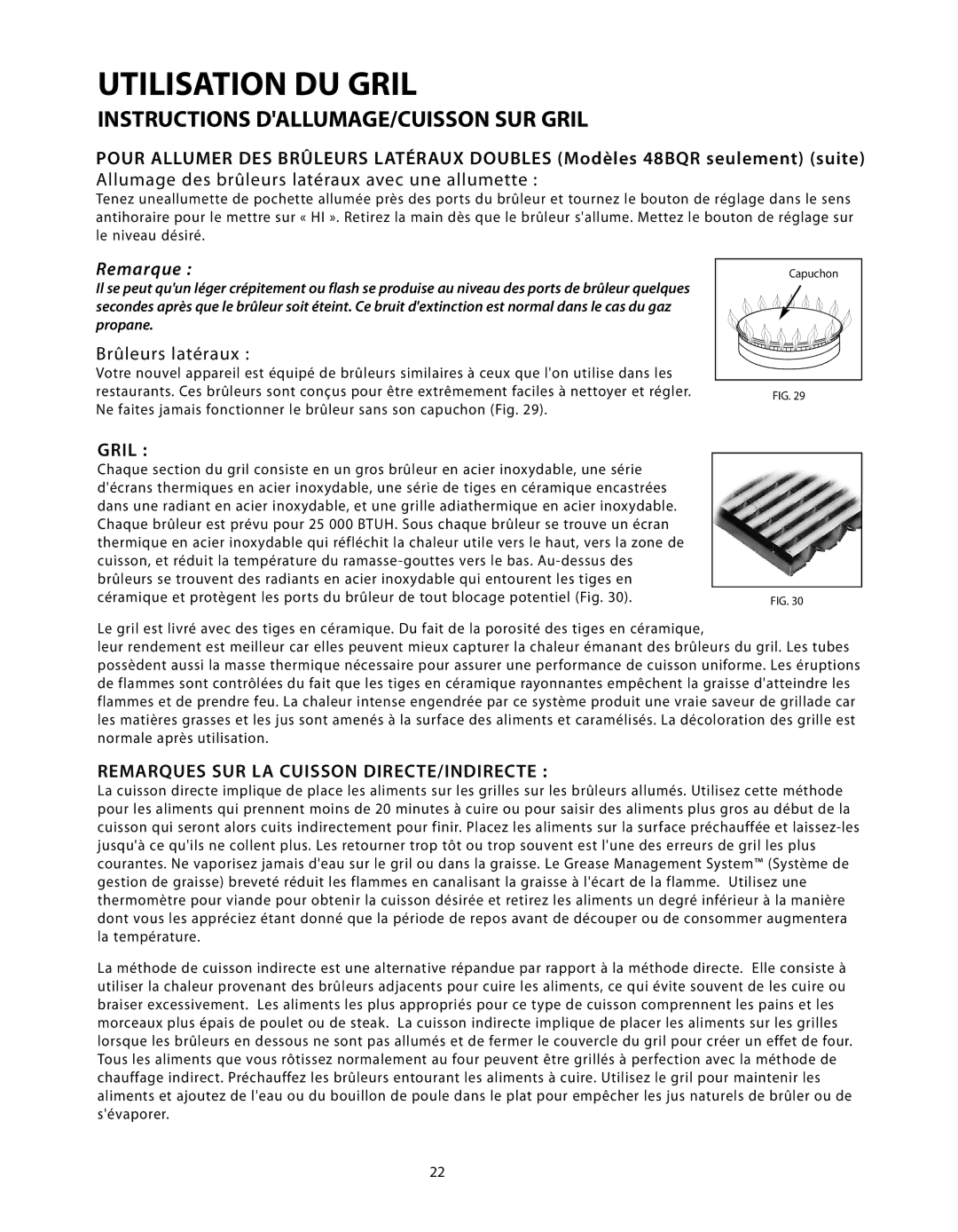 DCS BGB Series manual Instructions DALLUMAGE/CUISSON SUR Gril, Allumage des brûleurs latéraux avec une allumette 