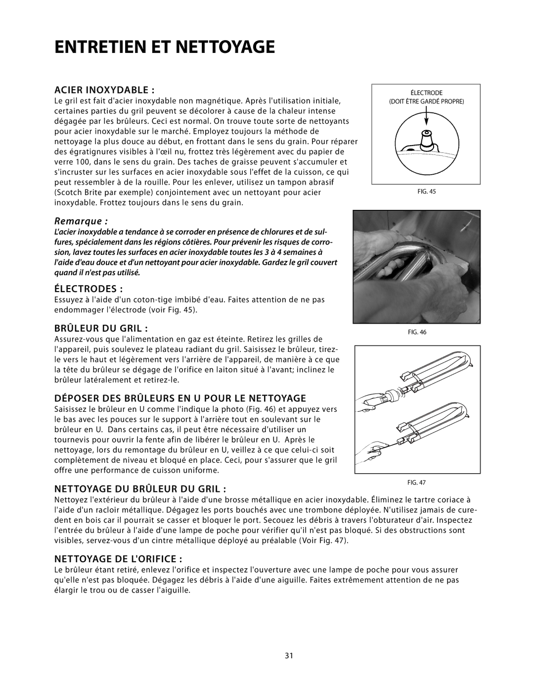 DCS BGB Series manual Acier Inoxydable, Électrodes, Brûleur DU Gril, Déposer DES Brûleurs EN U Pour LE Nettoyage 