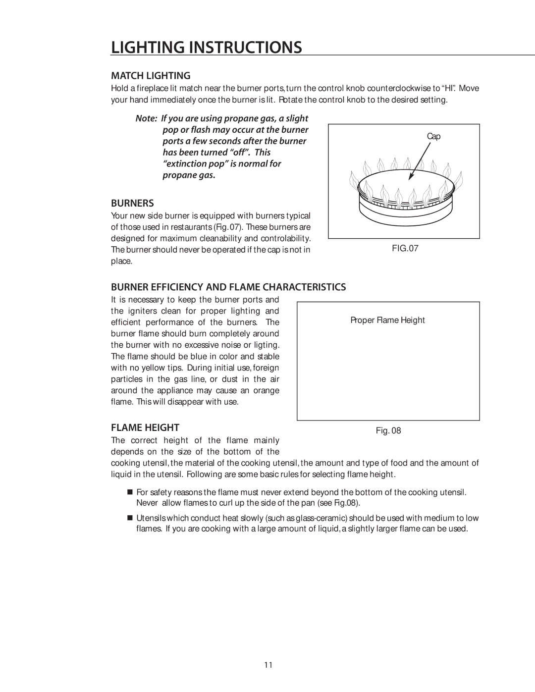 DCS BGB132 manual Lighting Instructions, Match Lighting, Burners, Burner Efficiency and Flame Characteristics, Flame Height 