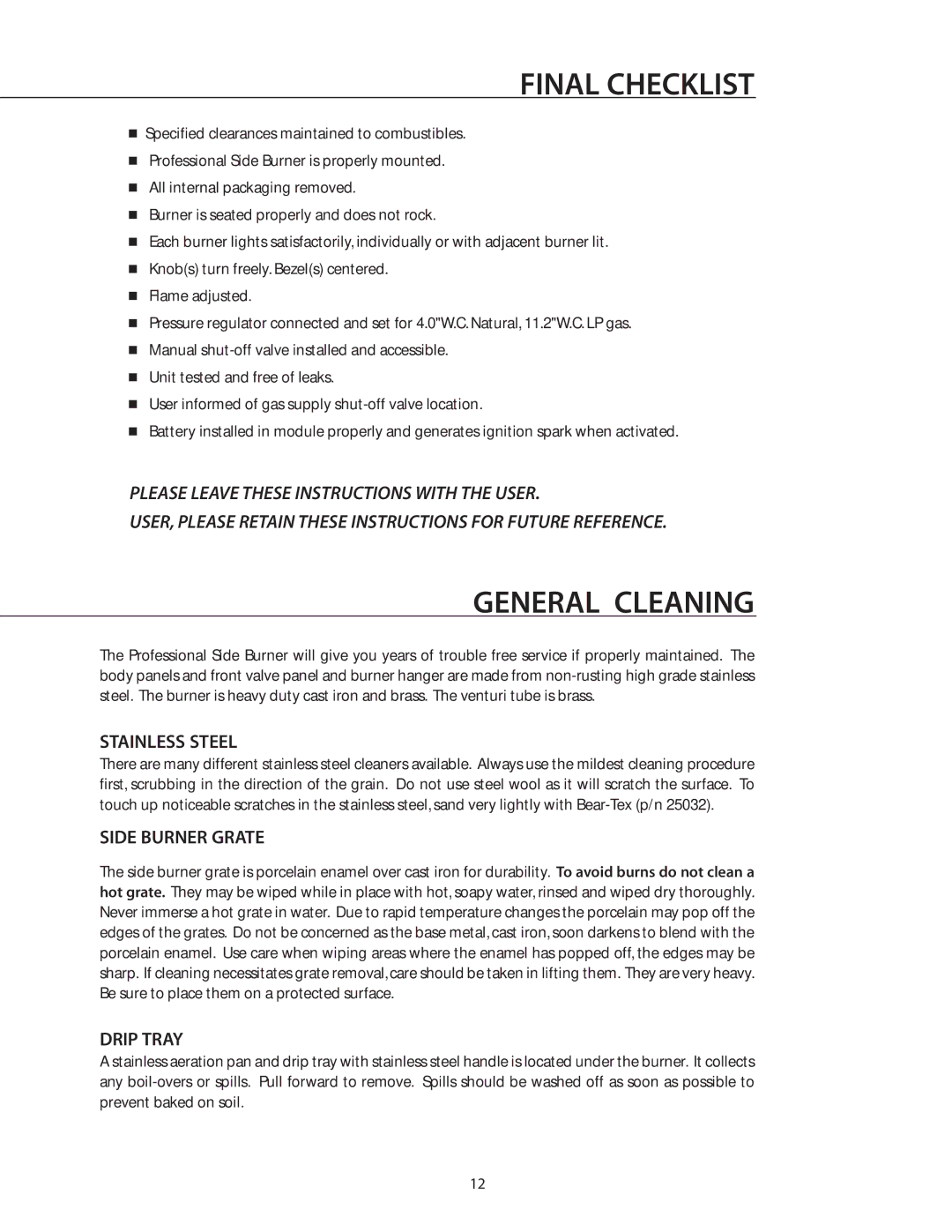 DCS BGB132-BI, BGB131-BI manual Final Checklist, General Cleaning, Stainless Steel, Side Burner Grate, Drip Tray 