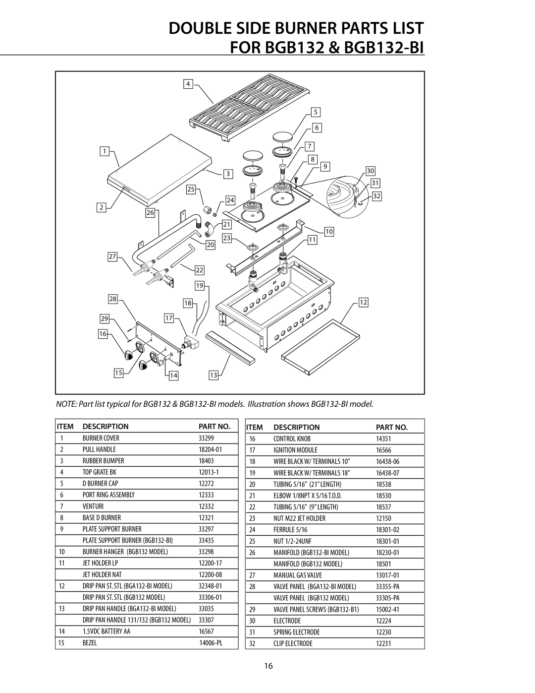 DCS BGB131-BI manual Double Side Burner Parts List, For BGB132 & BGB132-BI 