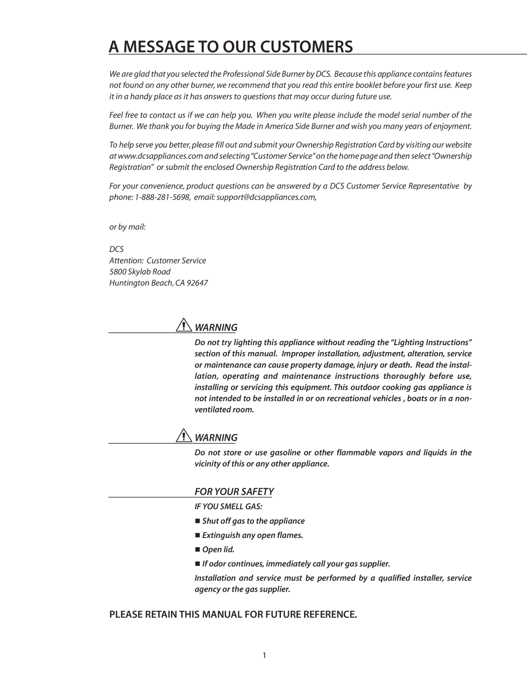 DCS BGB131-BI, BGB132-BI manual Message to OUR Customers, Please Retain this Manual for Future Reference 