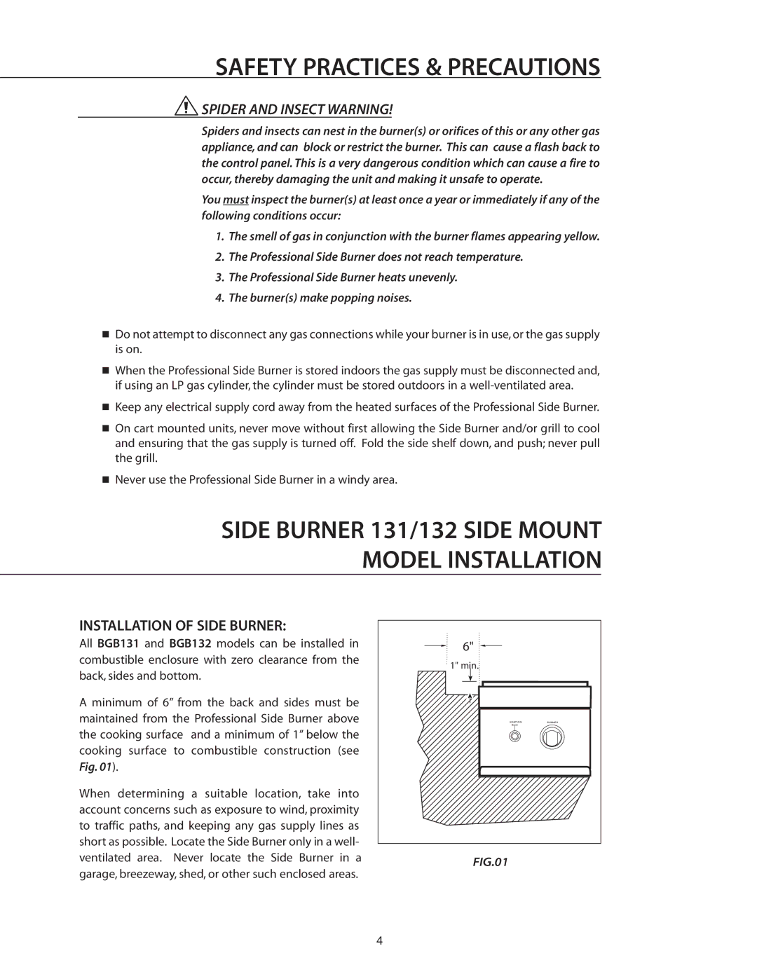 DCS BGB132-BI, BGB131-BI manual Spider and Insect Warning, Installation of Side Burner 