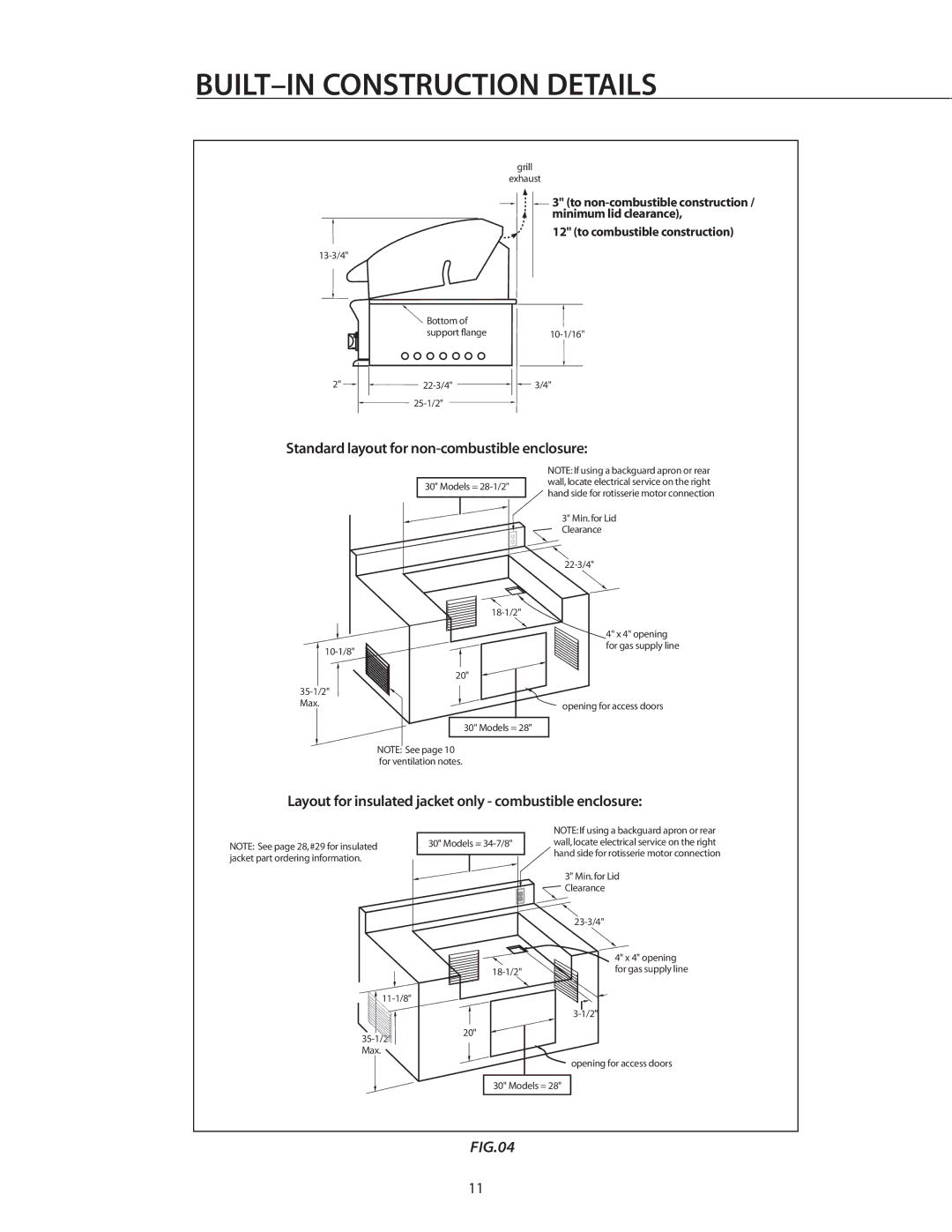 DCS BGB30-BQR manual BUILT-IN Construction Details, Standard layout for non-combustible enclosure 