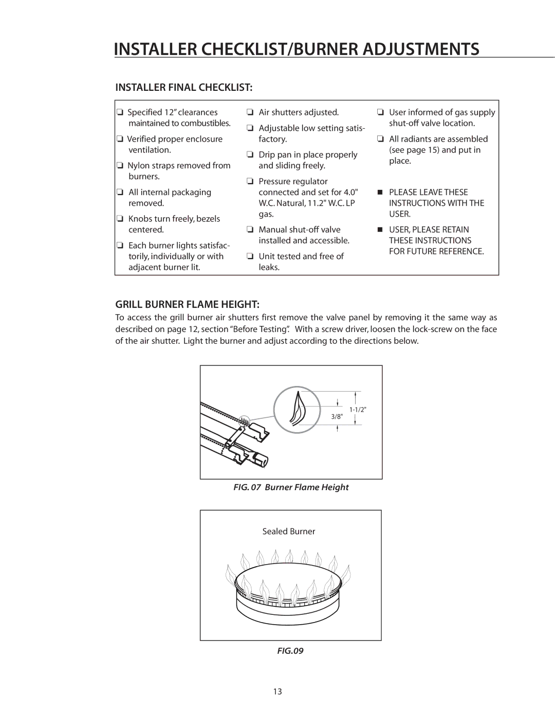 DCS BGB30-BQR manual Installer CHECKLIST/BURNER Adjustments, Installer Final Checklist, Grill Burner Flame Height 