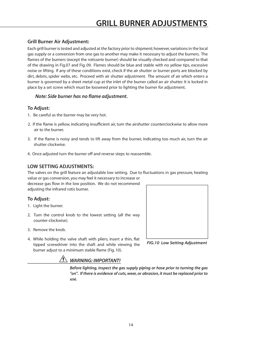 DCS BGB30-BQR manual Grill Burner Adjustments, Grill Burner Air Adjustment, To Adjust, LOW Setting Adjustments 