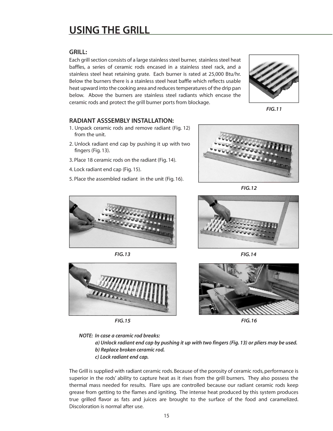 DCS BGB30-BQR manual Using the Grill, Radiant Asssembly Installation 