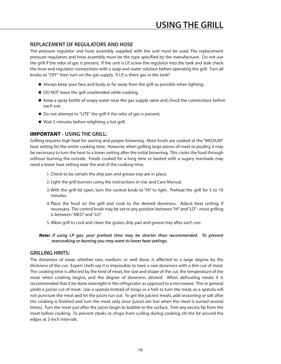 DCS BGB30-BQR manual Replacement of Regulators and Hose, Important Using the Grill, Grilling Hints 