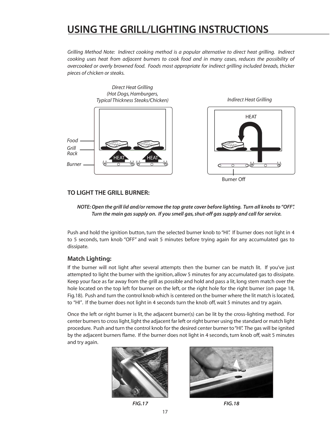 DCS BGB30-BQR manual Using the GRILL/LIGHTING Instructions, To Light the Grill Burner, Match Lighting 