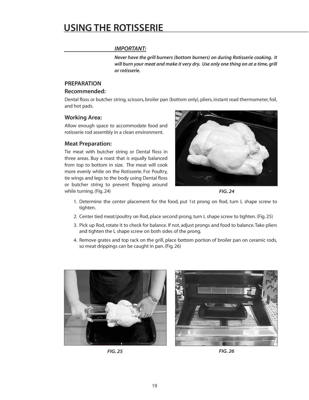 DCS BGB30-BQR manual Using the Rotisserie, Recommended, Working Area, Meat Preparation 