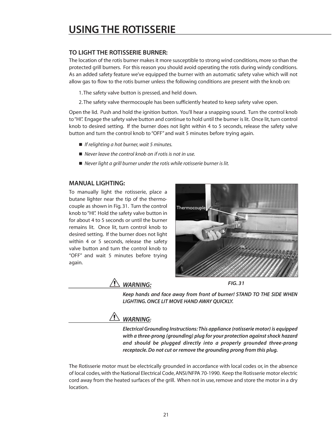 DCS BGB30-BQR manual To Light the Rotisserie Burner, Manual Lighting 