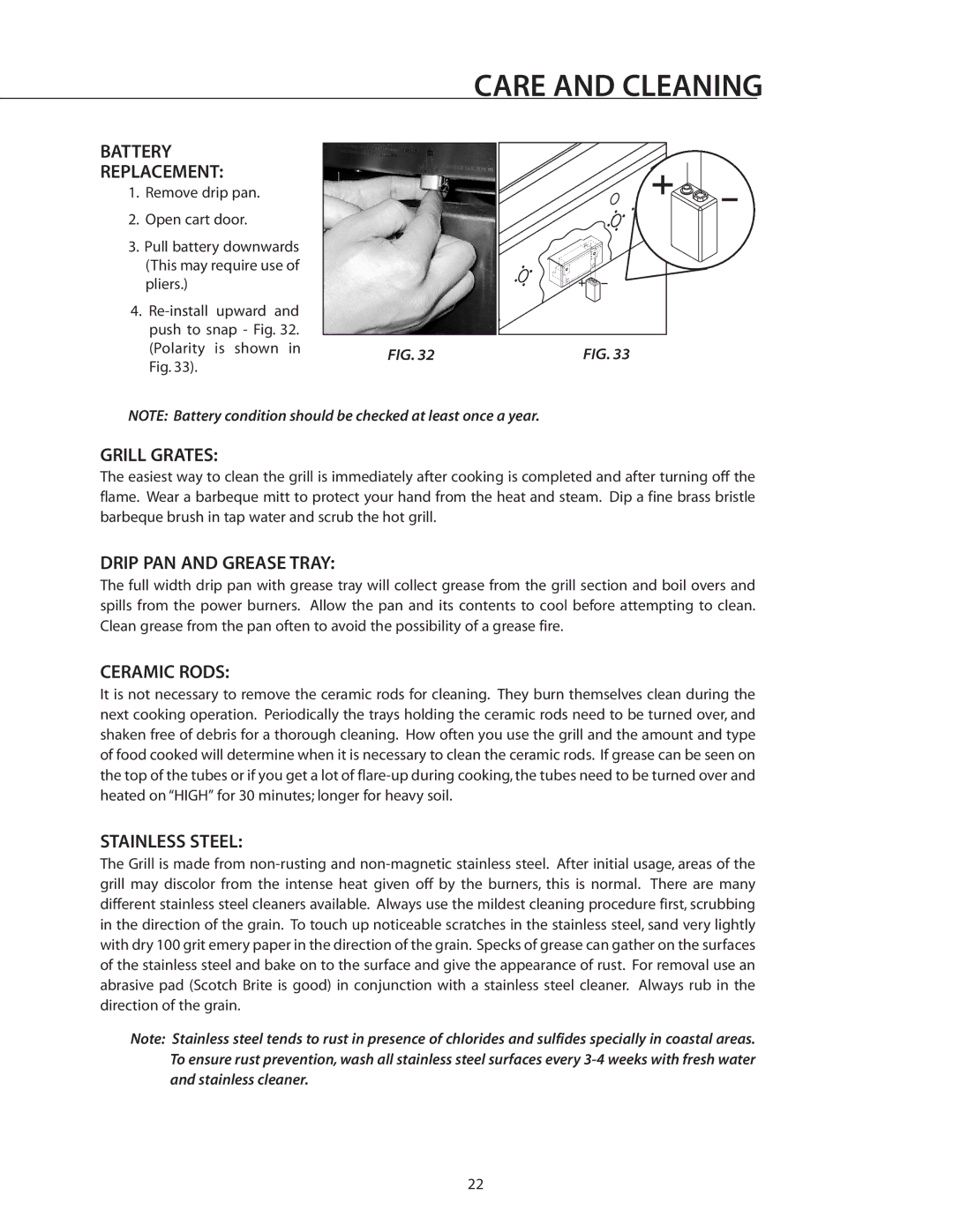 DCS BGB30-BQR manual Care and Cleaning 