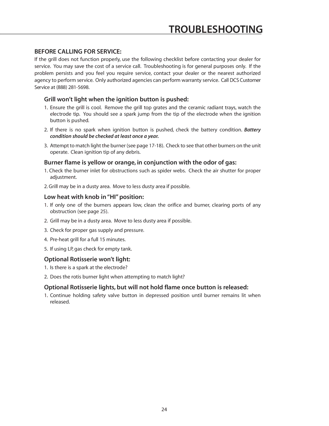 DCS BGB30-BQR manual Troubleshooting, Before Calling for Service, Grill won’t light when the ignition button is pushed 