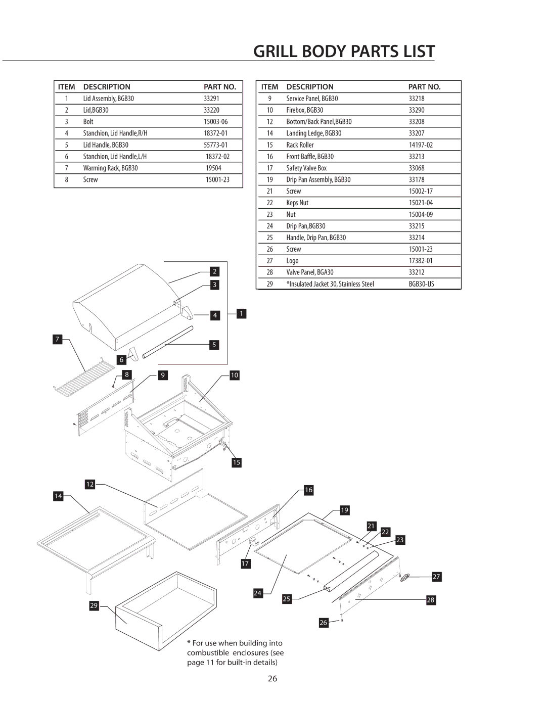 DCS BGB30-BQR manual Grill Body Parts List 